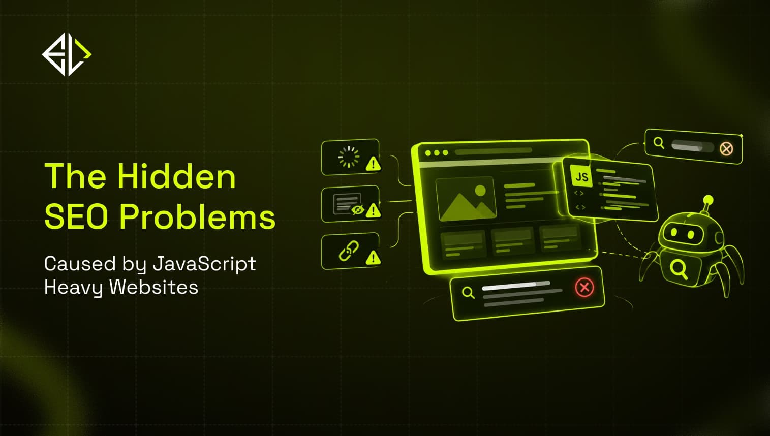 Illustration showing how JavaScript-heavy websites hide content from Google crawlers and hurt SEO rankings